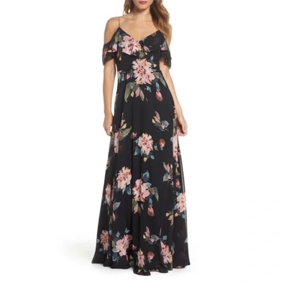 Jenny Yoo Collection Mila Black Pink Floral Maxi Formal Dress Size 2 Wedding - Picture 1 of 15